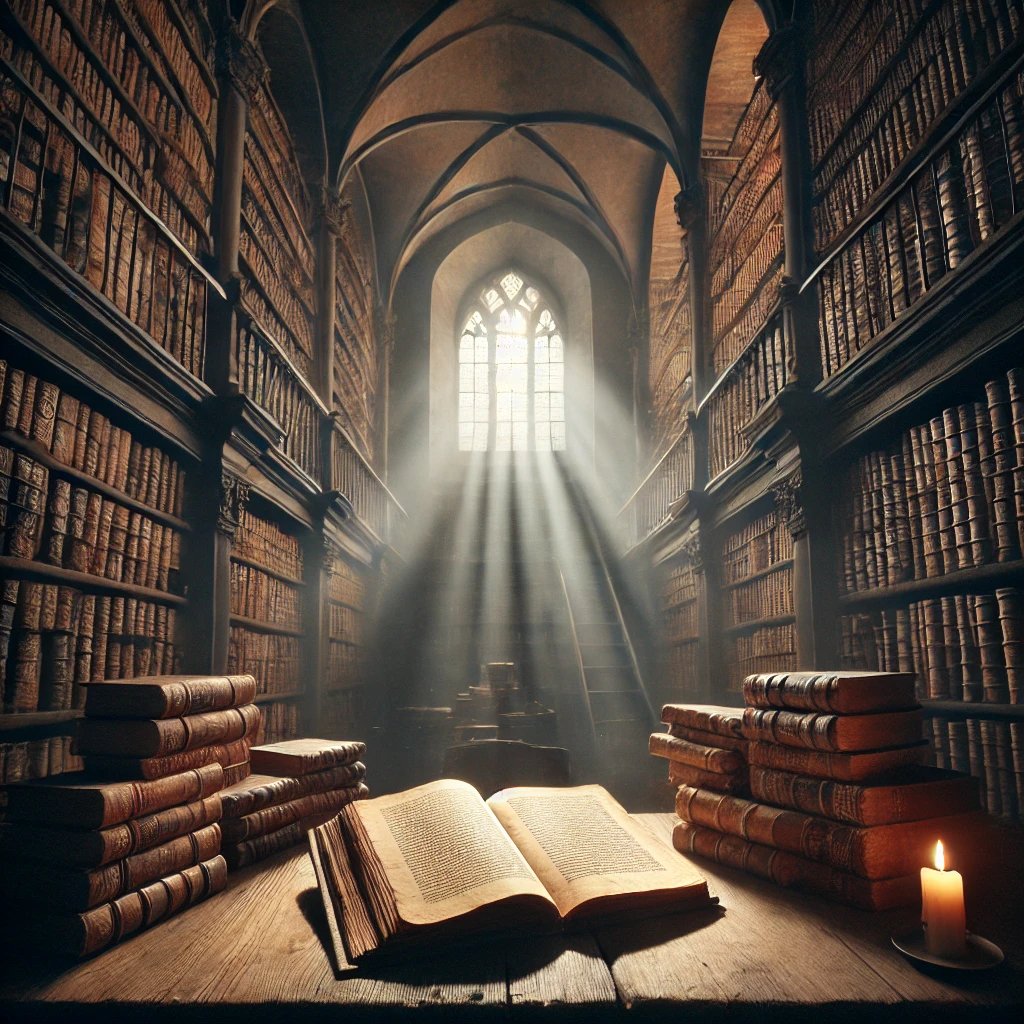 The Mystery of the Vanished Books: European Literary Works That Disappeared Throughout History 3 A mysterious old library with missing books and a dusty manuscript
